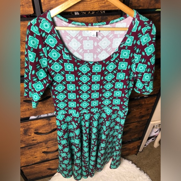 LuLaRoe Teal and Burgundy Geometric Midi Dress - Picture 13 of 14